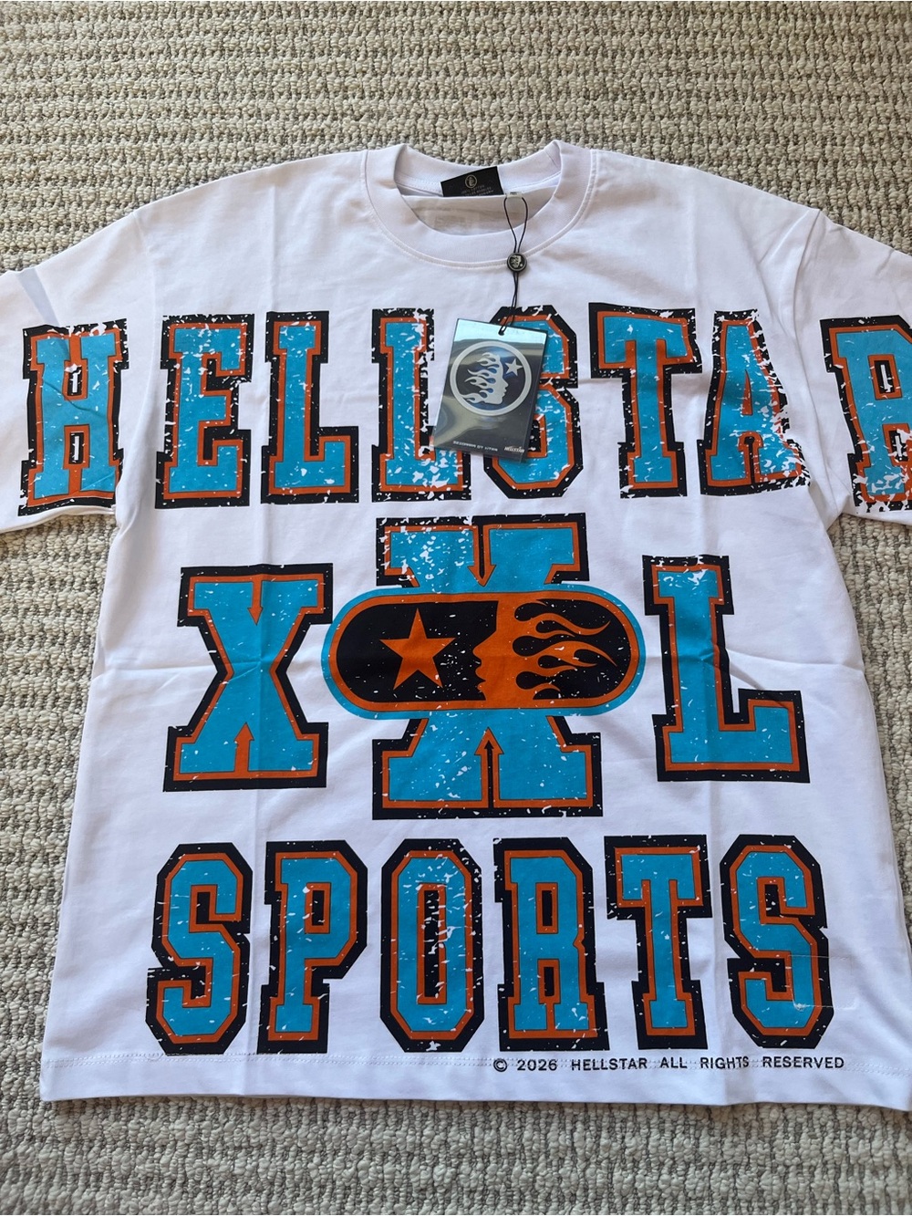 Hellstar Men’s White Short-Sleeve Graphic Tee - Blue & Orange Print